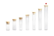 Γυάλινος διάφανος σωλήνας 110 ml με bamboo καπάκι και λάστιχο - 6 τμχ Γυάλινος διάφανος σωλήνας 110 ml με bamboo καπάκι και λάστιχο - 6 τμχ