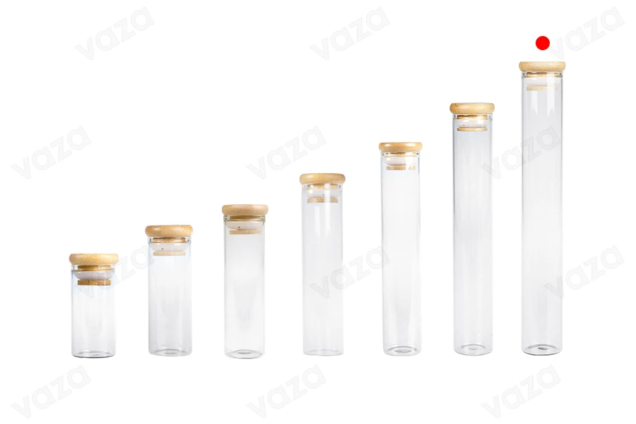 Tube en verre transparent 110 ml avec bouchon en bambou et caoutchouc - 6 pcs Tube en verre transparent 110 ml avec bouchon en bambou et caoutchouc - 6 pcs-εικόνα_σύνθεση