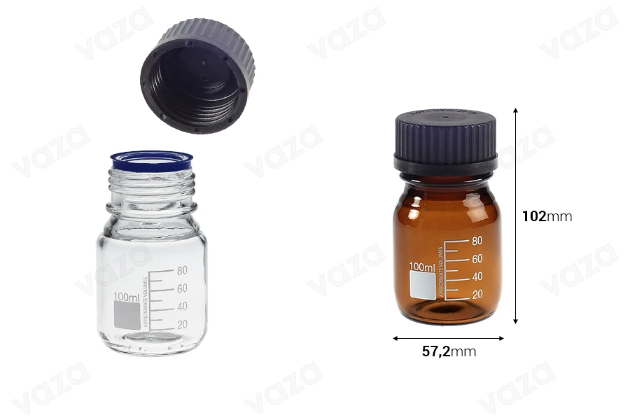 100ml Glasflasche mit Graduierung und schwarzem Kunststoffverschluss 100ml Glasflasche mit Graduierung und schwarzem Kunststoffverschluss-bildabmessungen