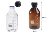 Γυάλινο μπουκάλι 1000 ml με διαβάθμιση και μαύρο πλαστικό καπάκι Γυάλινο μπουκάλι 1000 ml με διαβάθμιση και μαύρο πλαστικό καπάκι