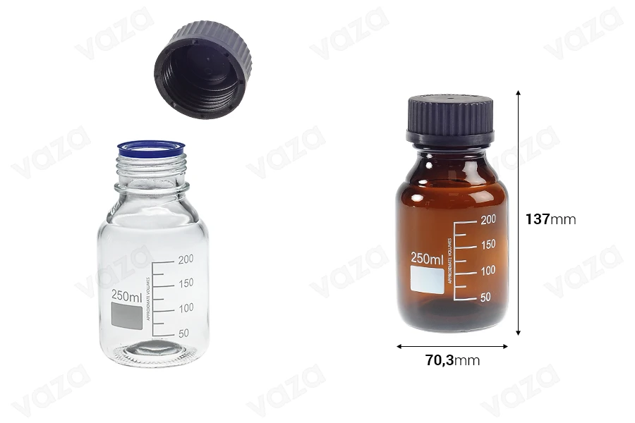 Flacon en verre gradué de 250 ml avec bouchon en plastique noir-εικόνα_διαστάσεις