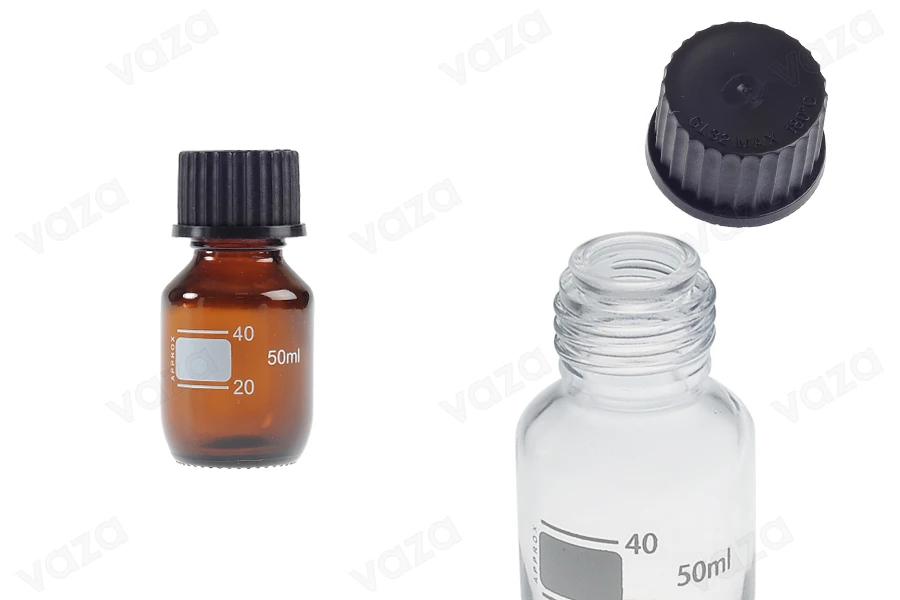 Shishe qelqi 50 ml me shkallë matëse dhe kapak plastik të zi. Shishe qelqi 50 ml me shkallë matëse dhe kapak plastik të zi.-imazh_produkt