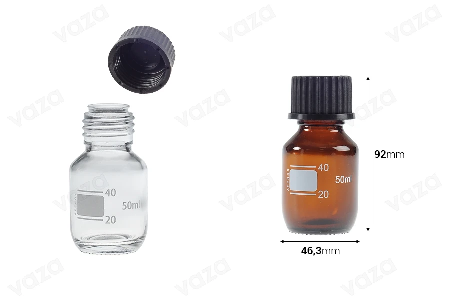 Shishe qelqi 50 ml me shkallë matëse dhe kapak plastik të zi. Shishe qelqi 50 ml me shkallë matëse dhe kapak plastik të zi.-imazh_dimensione