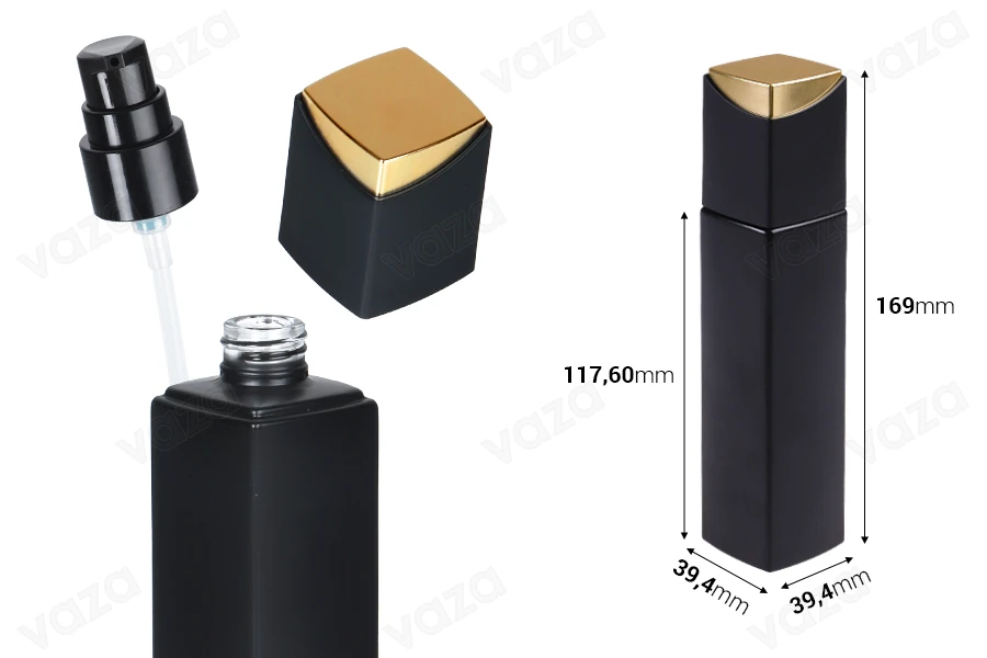 Lussuosa bottiglia in vetro da 100 ml di colore nero opaco con pompa per crema e tappo speciale Lussuosa bottiglia in vetro da 100 ml di colore nero opaco con pompa per crema e tappo speciale-dimensioni_immagine