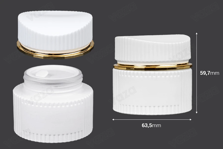 Γυάλινο βάζο 50 ml πολυτελείας σε λευκό ματ χρώμα για κρέμα με καπάκι και πλαστικό παρέμβυσμα-εικόνα_διαστάσεις