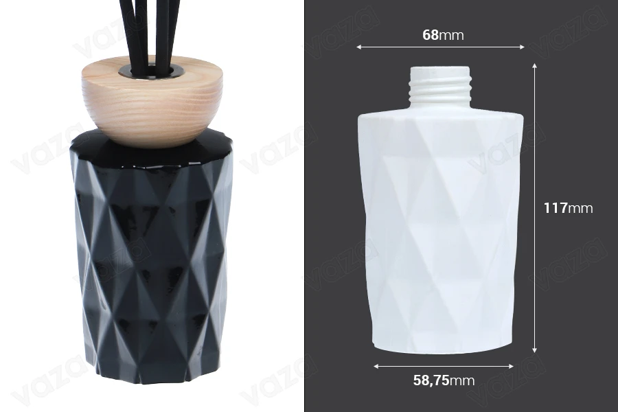 Shishe qelqi 180 ml (PP28) në ngjyrë të bardhë mat ose të zezë e përshtatshme për aromatizues ambienti    -imazh_dimensione