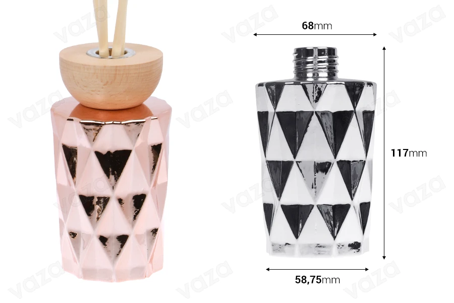 Γυάλινο μπουκάλι 180 ml (PP28) ανάγλυφο σε ασημί ή ροζ χρυσό χρώμα κατάλληλο για αρωματικό χώρου-εικόνα_διαστάσεις