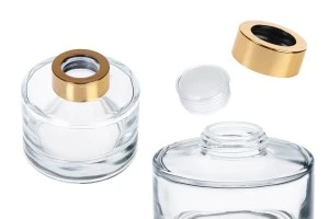 Bottiglia cilindrica in vetro da 200 ml trasparente con tappo e tappo oro-1