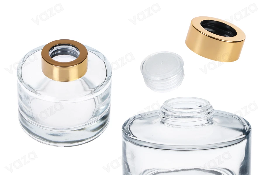 Μπουκάλι γυάλινο κυλινδρικό 200 ml διάφανο με χρυσό καπάκι και τάπα Μπουκάλι γυάλινο κυλινδρικό 200 ml διάφανο με χρυσό καπάκι και τάπα-εικόνα_προϊοντική
