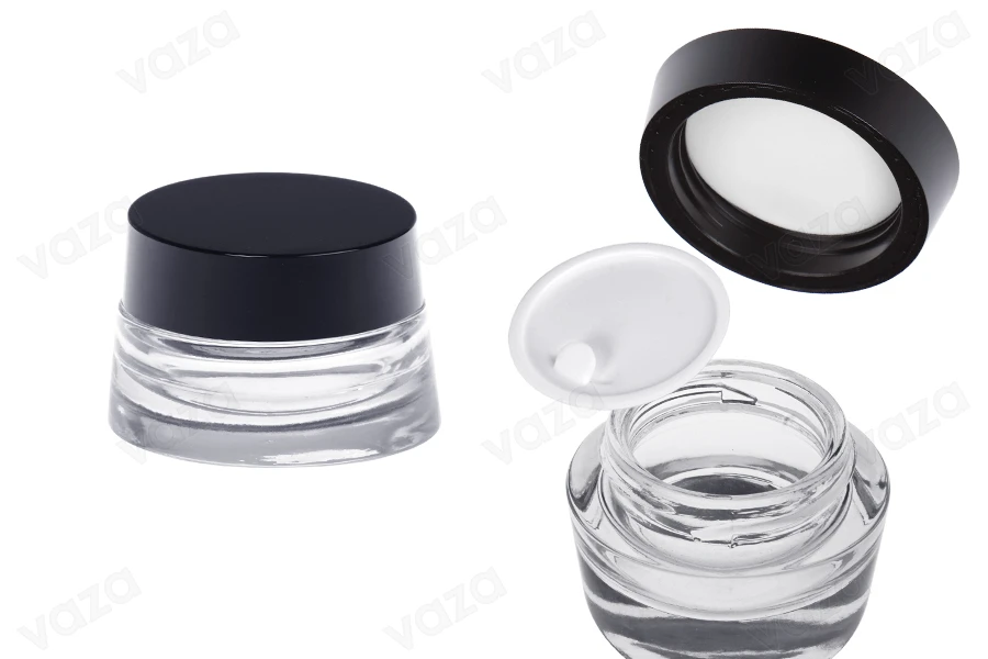 Γυάλινο διάφανο βάζο 30 ml για κρέμα με καπάκι και πλαστικό παρέμβυσμα-εικόνα_προϊοντική
