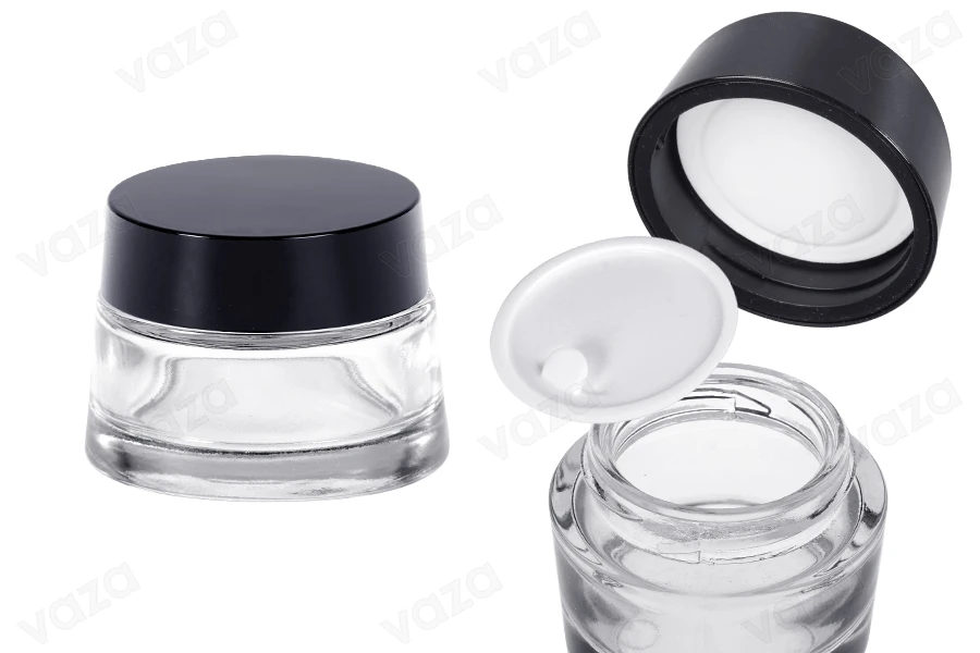 Γυάλινο διάφανο βάζο 50 ml για κρέμα με καπάκι και πλαστικό παρέμβυσμα-εικόνα_προϊοντική