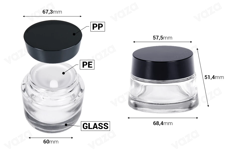 Γυάλινο διάφανο βάζο 50 ml για κρέμα με καπάκι και πλαστικό παρέμβυσμα-εικόνα_διαστάσεις
