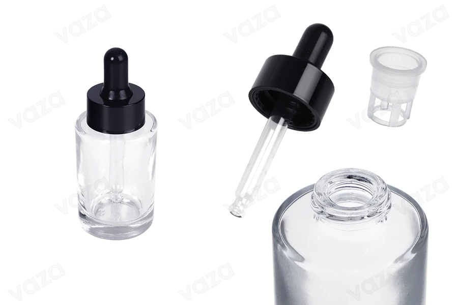 Flacon en verre 30 ml transparent avec compte-gouttes noir pour sérum-photo_produit
