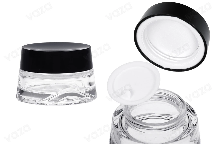 Kavanoz qelqi 30 ml transparent për krem me kapak të zi dhe tapë plastike-imazh_produkt