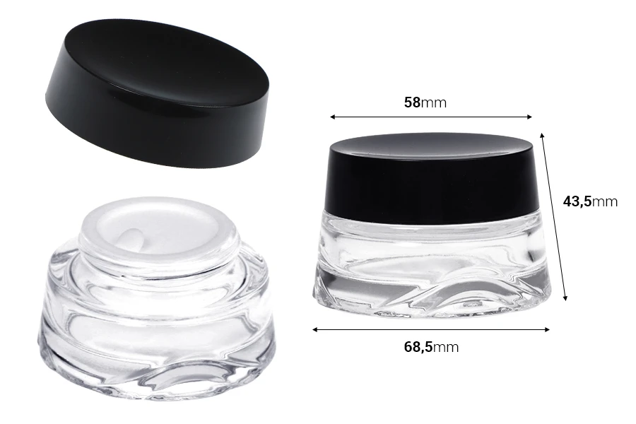 Vaso in vetro trasparente da 30 ml per crema con coperchio nero e sigillo in plastica
