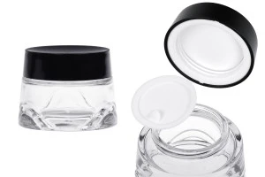 Γυάλινο βάζο 50 ml διάφανο για κρέμα με μαύρο καπάκι και πλαστικό παρέμβυσμα-1
