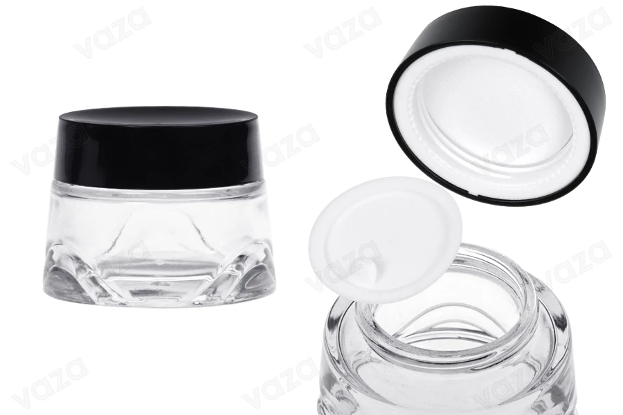 Γυάλινο βάζο 50 ml διάφανο για κρέμα με μαύρο καπάκι και πλαστικό παρέμβυσμα-εικόνα_προϊοντική