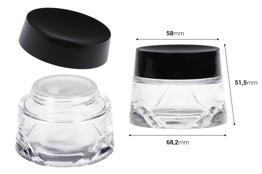 Γυάλινο βάζο 50 ml διάφανο για κρέμα με μαύρο καπάκι και πλαστικό παρέμβυσμα