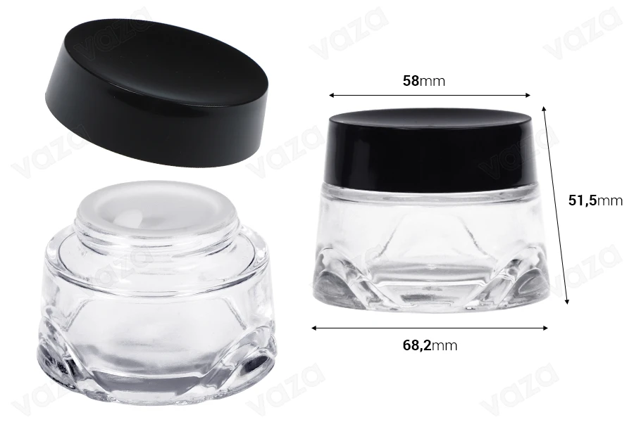 Γυάλινο βάζο 50 ml διάφανο για κρέμα με μαύρο καπάκι και πλαστικό παρέμβυσμα-εικόνα_διαστάσεις