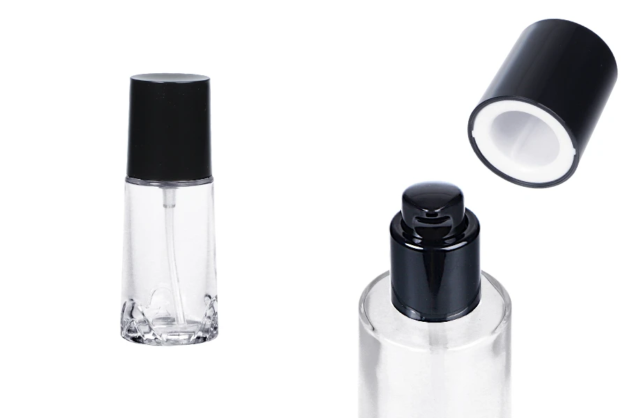 Γυάλινο μπουκάλι 40 ml διάφανο με μαύρη αντλία κρέμας και καπάκι Γυάλινο μπουκάλι 40 ml διάφανο με μαύρη αντλία κρέμας και καπάκι