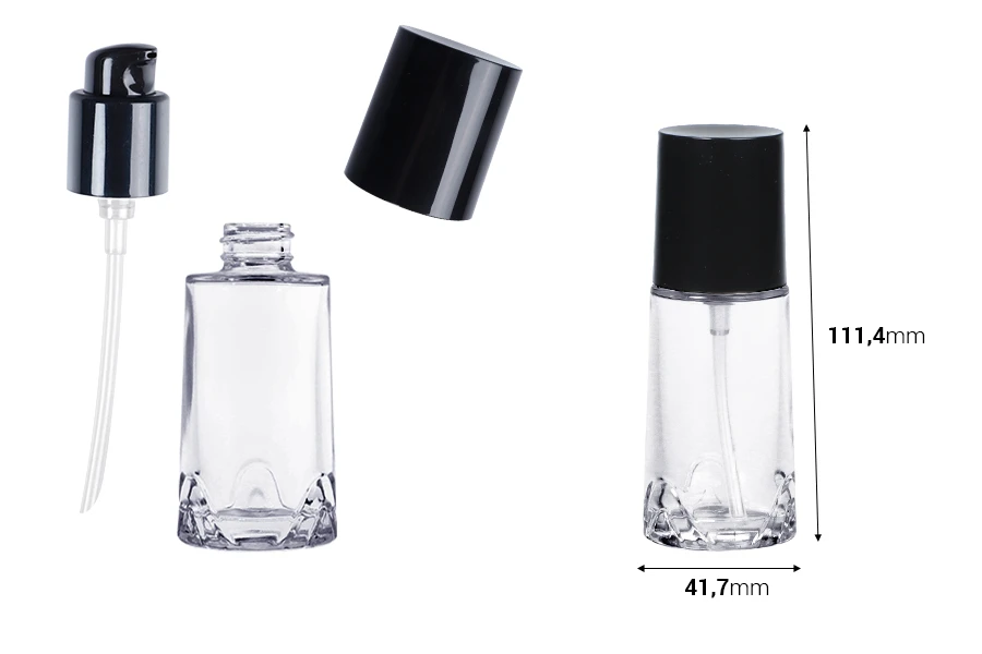 Γυάλινο μπουκάλι 40 ml διάφανο με μαύρη αντλία κρέμας και καπάκι Γυάλινο μπουκάλι 40 ml διάφανο με μαύρη αντλία κρέμας και καπάκι