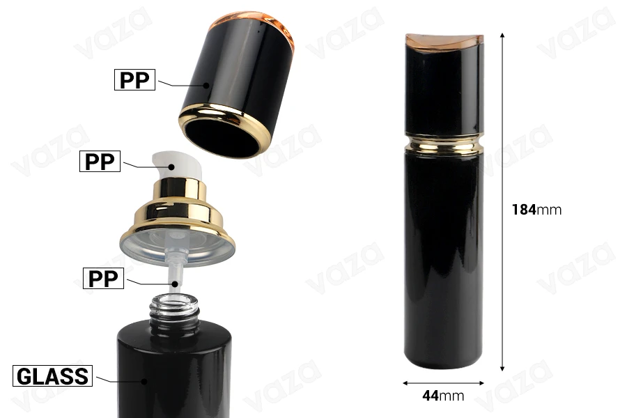 Luxuriöse 100-ml-Glasflasche in Schwarz mit Cremepumpe und Acrylverschluss-bildabmessungen