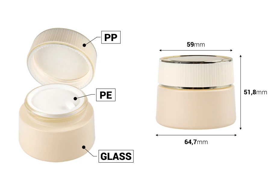 Vasetto in vetro di lusso da 50 ml in beige opaco per crema con coperchio e guarnizione in plastica Vasetto in vetro di lusso da 50 ml in beige opaco per crema con coperchio e guarnizione in plastica
