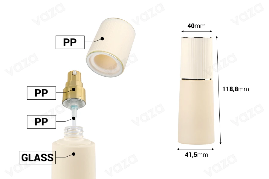 Γυάλινο μπουκάλι 40 ml πολυτελείας σε μπεζ ματ χρώμα με καπάκι και χρυσή αντλία κρέμας Γυάλινο μπουκάλι 40 ml πολυτελείας σε μπεζ ματ χρώμα με καπάκι και χρυσή αντλία κρέμας-εικόνα_διαστάσεις