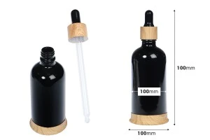 Bottiglia di vetro nera da 100 ml con contagocce in plastica e base in legno-2