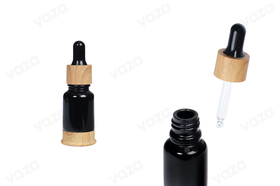 Shishe qelqi 10 ml e zezë me pikatore plastike dhe bazë në dizajn druri-imazh_produkt