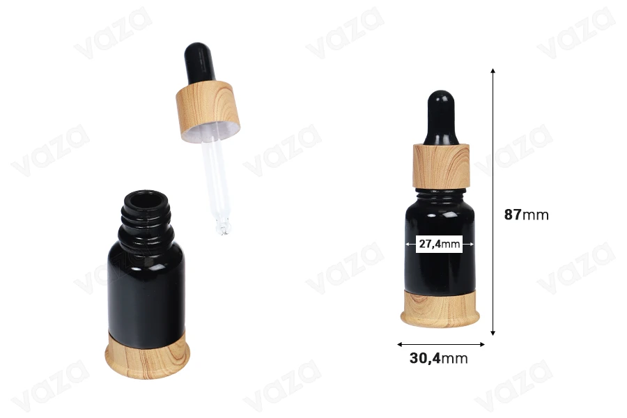 Shishe qelqi 10 ml e zezë me pikatore plastike dhe bazë në dizajn druri-imazh_dimensione