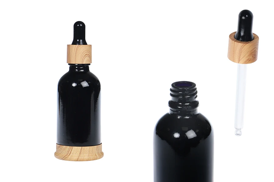 Μπουκαλάκι γυάλινο 50 ml μαύρο με πλαστικό σταγονομετρητή και βάση σε σχέδιο ξύλου Μπουκαλάκι γυάλινο 50 ml μαύρο με πλαστικό σταγονομετρητή και βάση σε σχέδιο ξύλου