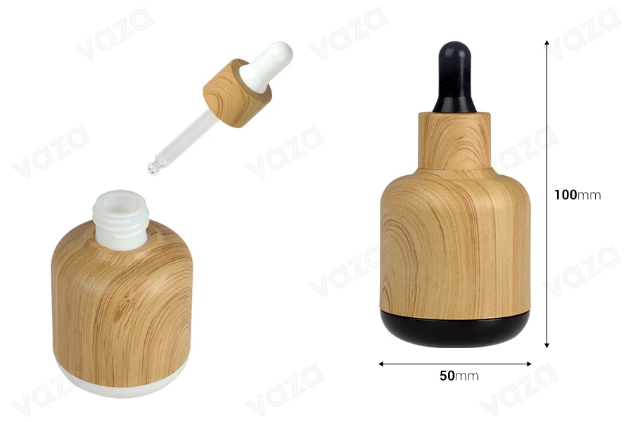 50ml Glasflasche mit Kunststoffummantelung und Tropfer im Holzdesign-bildabmessungen