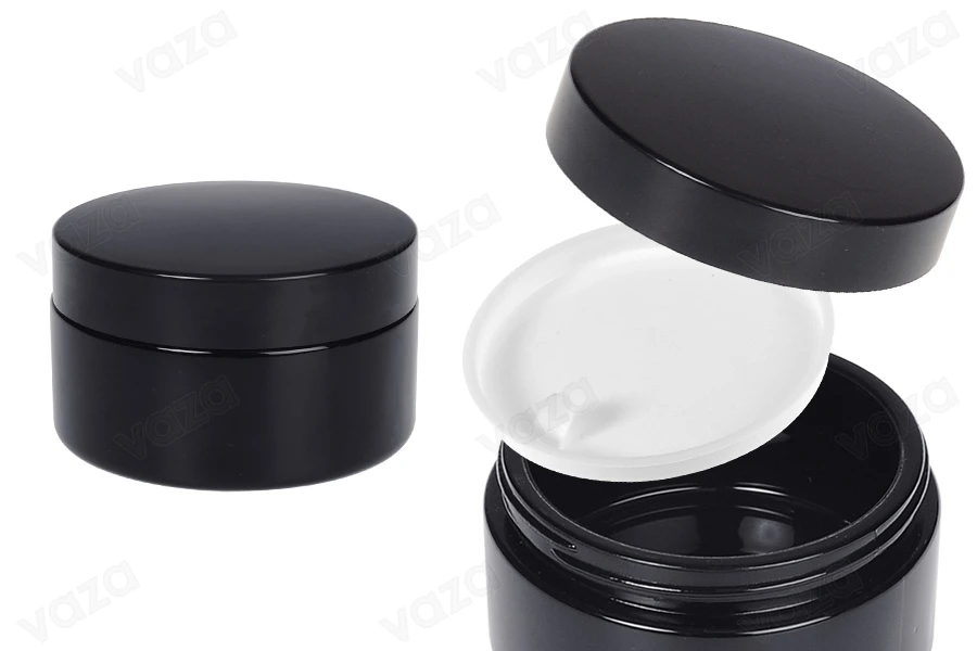 Βαζάκι για κρέμα γυάλινο 100 ml σε μαύρο χρώμα με καπάκι και πλαστικό παρέμβυσμα-εικόνα_προϊοντική