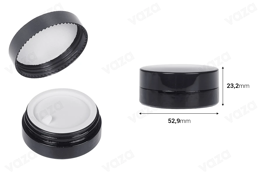 Glass cream jar 10 ml in black color with cap and plastic gasket-image_dimensions