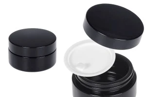 Γυάλινο μαύρο βαζάκι 50 ml (πλακέ) για κρέμα με μαύρο καπάκι και πλαστικό παρέμβυσμα-1