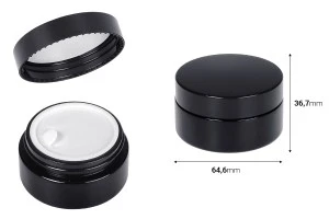 Γυάλινο μαύρο βαζάκι 50 ml (πλακέ) για κρέμα με μαύρο καπάκι και πλαστικό παρέμβυσμα-2