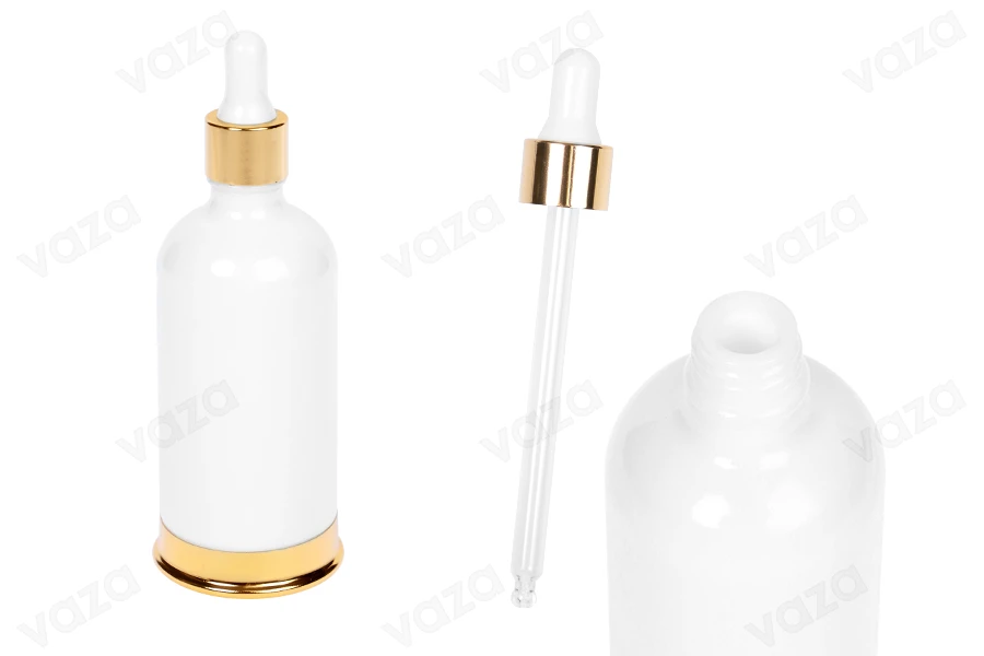 Flacon en verre 100 ml blanc avec compte-gouttes et base en aluminium doré-photo_produit