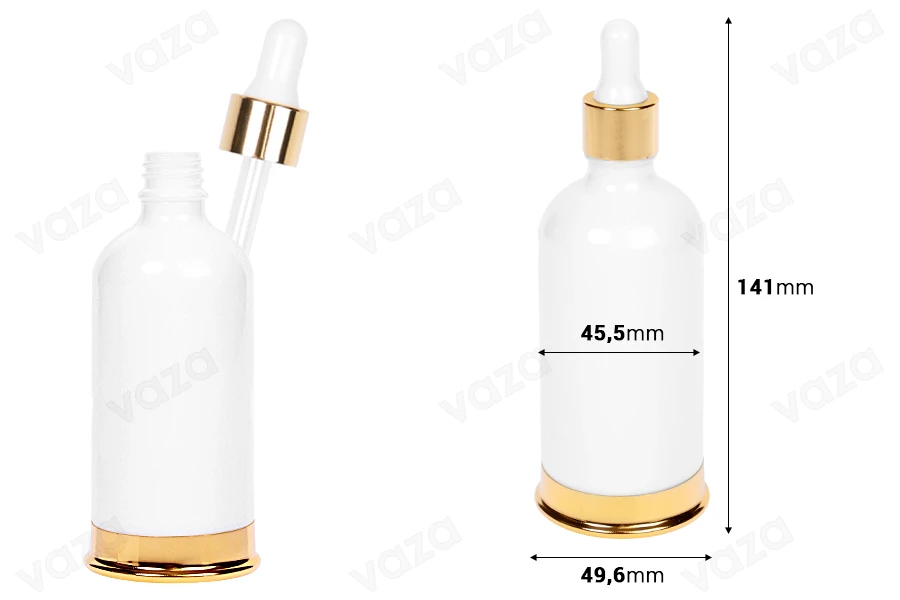Flacon en verre 100 ml blanc avec compte-gouttes et base en aluminium doré-photo_dimensions