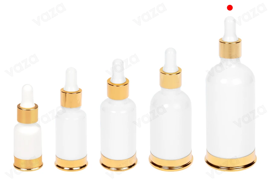 Flacon en verre 100 ml blanc avec compte-gouttes et base en aluminium doré-photo_groupe
