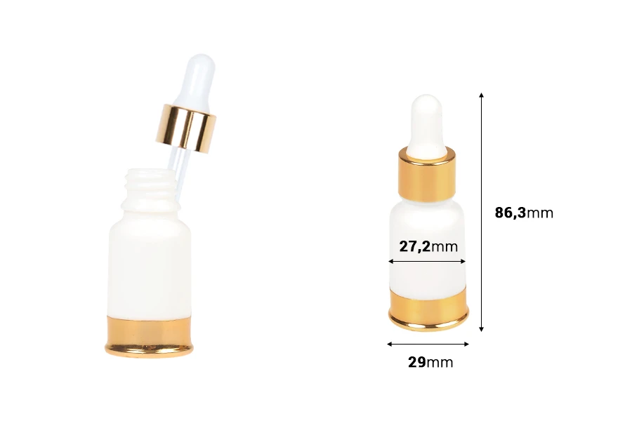 Μπουκαλάκι γυάλινο 10 ml λευκό με πλαστικό σταγονομετρητή και χρυσή βάση αλουμινίου Μπουκαλάκι γυάλινο 10 ml λευκό με πλαστικό σταγονομετρητή και χρυσή βάση αλουμινίου