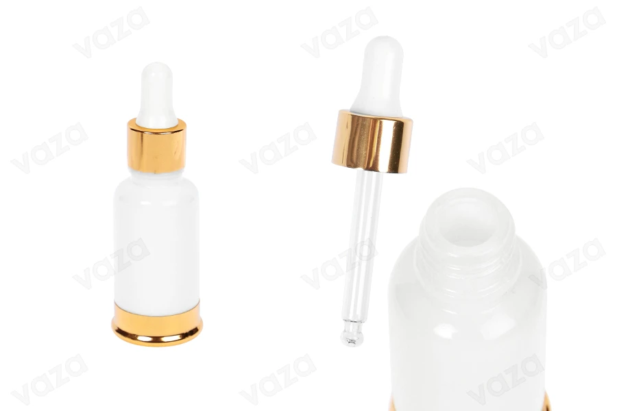Μπουκαλάκι γυάλινο 20 ml λευκό με πλαστικό σταγονομετρητή και χρυσή βάση αλουμινίου Μπουκαλάκι γυάλινο 20 ml λευκό με πλαστικό σταγονομετρητή και χρυσή βάση αλουμινίου-εικόνα_προϊοντική