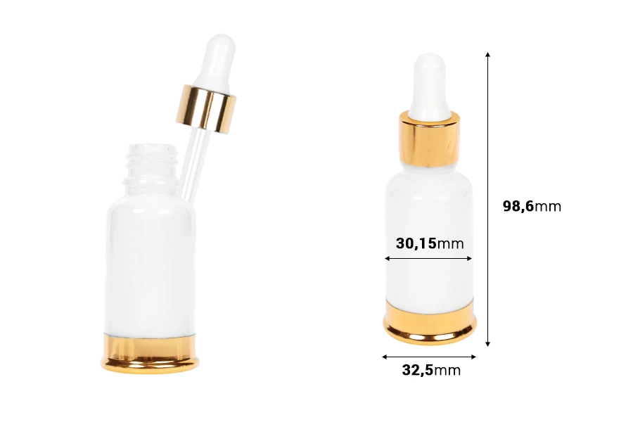 Μπουκαλάκι γυάλινο 20 ml λευκό με πλαστικό σταγονομετρητή και χρυσή βάση αλουμινίου Μπουκαλάκι γυάλινο 20 ml λευκό με πλαστικό σταγονομετρητή και χρυσή βάση αλουμινίου
