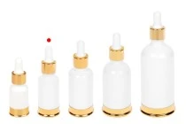 Μπουκαλάκι γυάλινο 20 ml λευκό με πλαστικό σταγονομετρητή και χρυσή βάση αλουμινίου Μπουκαλάκι γυάλινο 20 ml λευκό με πλαστικό σταγονομετρητή και χρυσή βάση αλουμινίου
