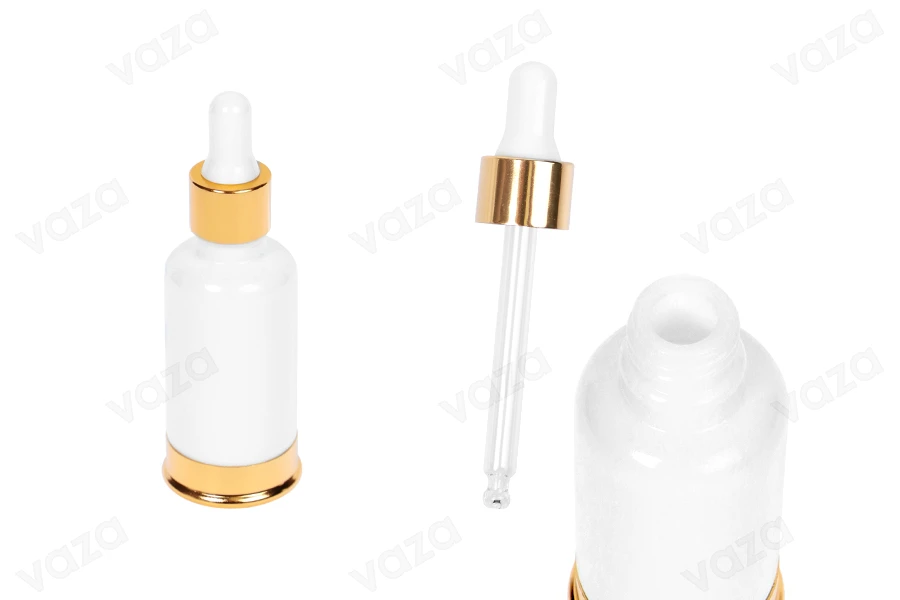 Μπουκαλάκι γυάλινο 30 ml λευκό με σταγονομετρητή και χρυσή βάση αλουμινίου-εικόνα_προϊοντική