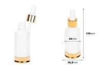 Μπουκαλάκι γυάλινο 30 ml λευκό με σταγονομετρητή και χρυσή βάση αλουμινίου Μπουκαλάκι γυάλινο 30 ml λευκό με σταγονομετρητή και χρυσή βάση αλουμινίου