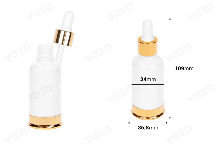 Μπουκαλάκι γυάλινο 30 ml λευκό με σταγονομετρητή και χρυσή βάση αλουμινίου-εικόνα_διαστάσεις