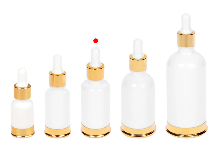 Μπουκαλάκι γυάλινο 30 ml λευκό με σταγονομετρητή και χρυσή βάση αλουμινίου Μπουκαλάκι γυάλινο 30 ml λευκό με σταγονομετρητή και χρυσή βάση αλουμινίου
