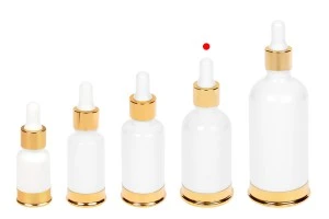 Flacone da 50 ml in vetro bianco con contagocce e base in alluminio dorato-6