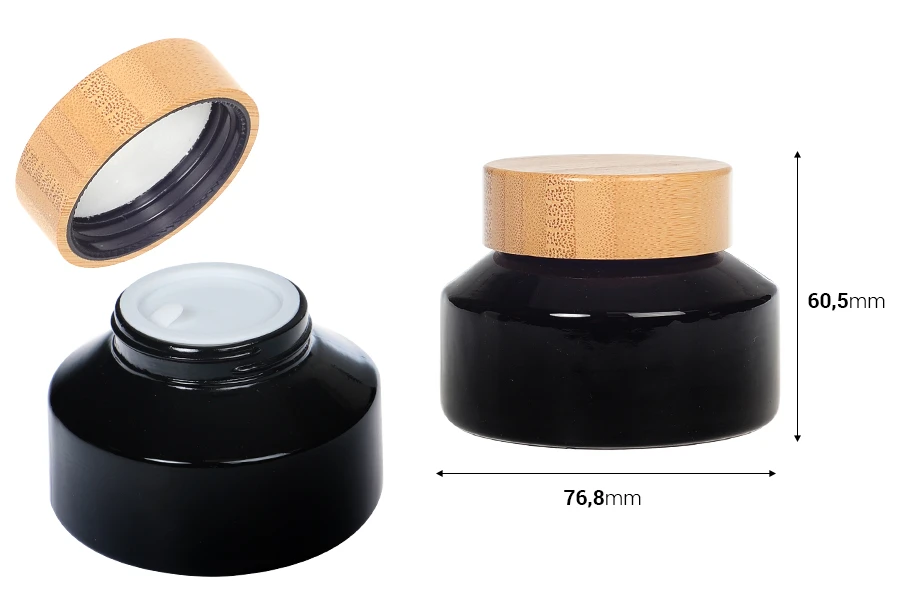 Glasbehälter für Creme 100ml in schwarzer Farbe mit Bambusdeckel und Kunststoffverschluss Glasbehälter für Creme 100ml in schwarzer Farbe mit Bambusdeckel und Kunststoffverschluss
